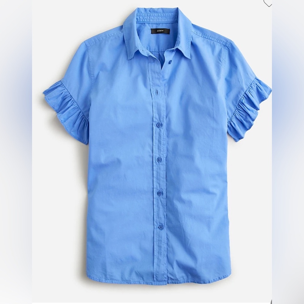 J.Crew Classic-Fit Lightweight Cotton Poplin Ruffle-Sleeve Shirt-Ocean- Size 8